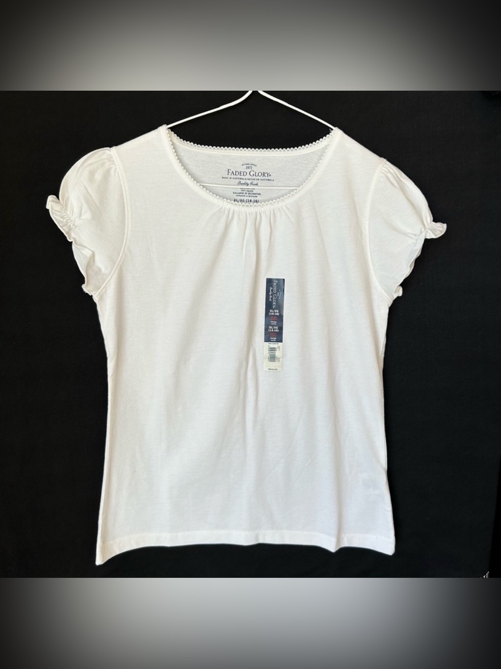 💥Faded Glory White Lace Edge Neck Short Sleeve Knit Shirt Size 14-16